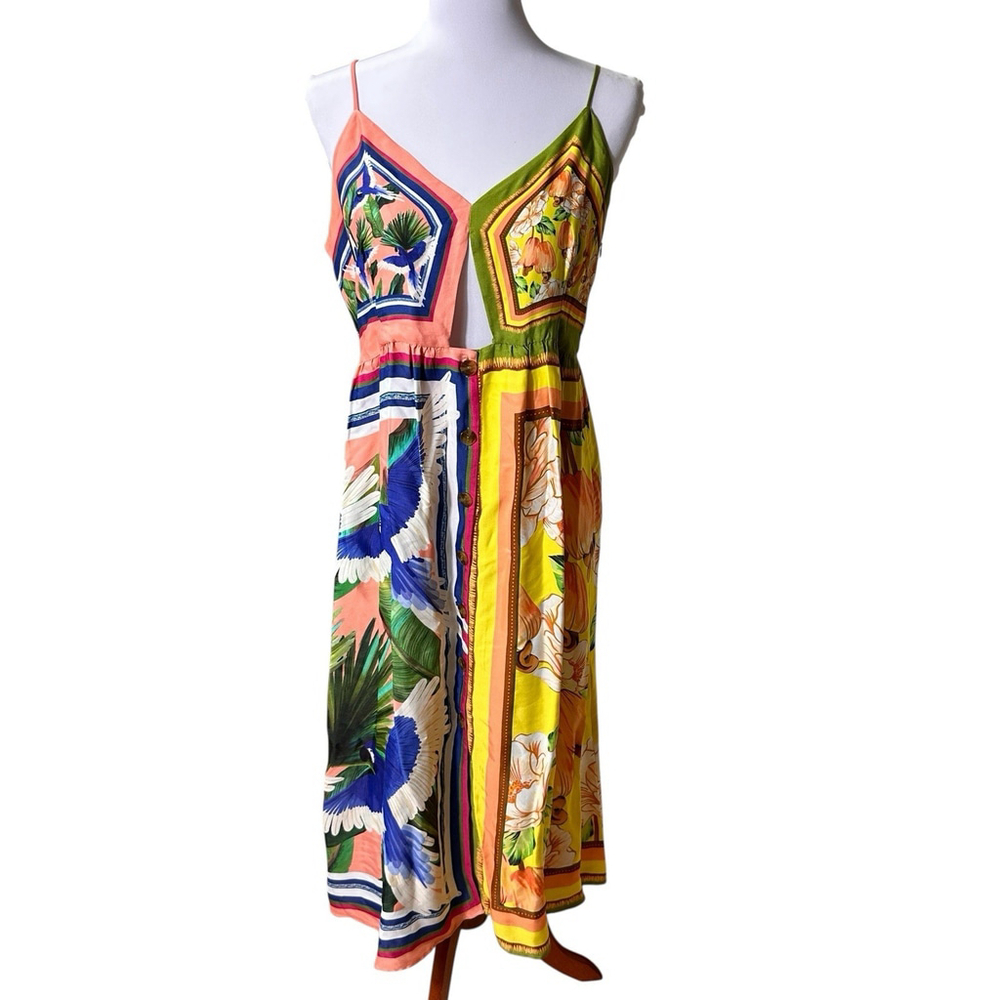 Farm Rio Double Scarf Pastel Midi Dress Cut Out Womens Large Tropical Buttons - Picture 1 of 14